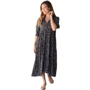 Natural Life Rebecca Tiered Midi Dress Sz L Flowy Black Floral Cottage Boho